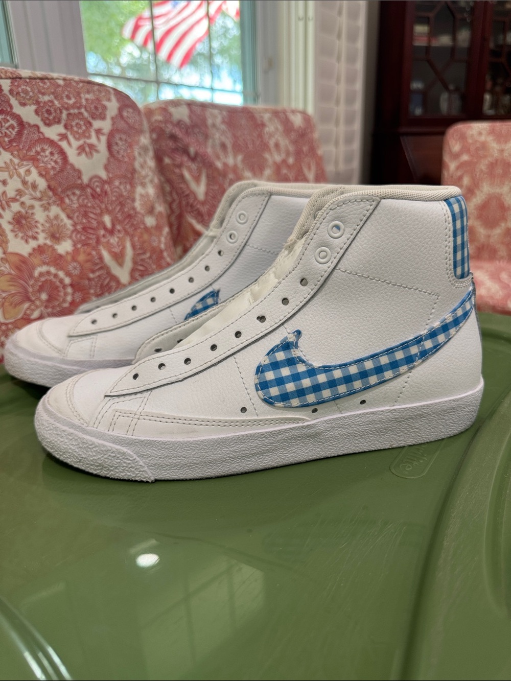 Nike White High-Top Sneakers with Blue Gingham Swoosh